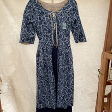 Load image into Gallery viewer, Polonaise gown for older girls, tweeny. Light blue with dark blue print. Dark Blue Petticoat