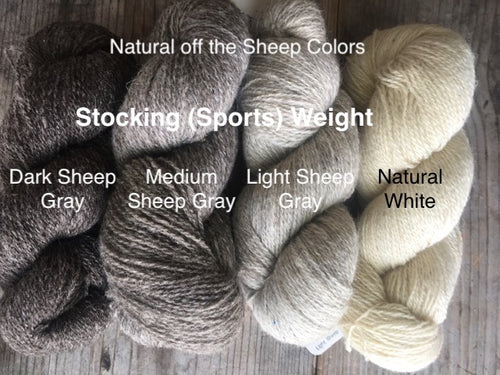 Bartlett 100% wool yarn, Stocking (Sports) weight in natural off the sheep colors. 