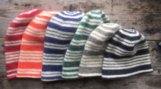 Striped Felted Toques for the 18th Century knit from 100% wool.  Red, Kings orange, Navy, Green Gray, Black
