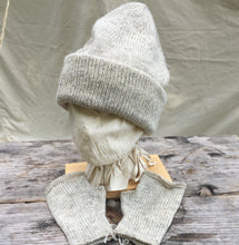 Load image into Gallery viewer, wool hat &amp; mitt set, double toque tucked all the way and rolled up at bottom with 4 layers of wool around ears.

