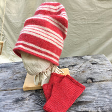 Load image into Gallery viewer, Felted Toques for the 18th Century knit from 100% wool, in red Stripes with matching Red Muffattees
