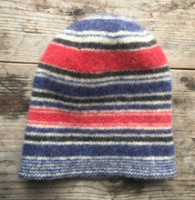 Load image into Gallery viewer, Felted Multi Striped Toque for the 18th Century knit from 100% wool, Red, White, Blue and Gray