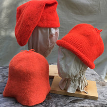 Load image into Gallery viewer, collection of 18th Century hats for hunting, knit from 100% wool Kings Orange (Hunter orange)