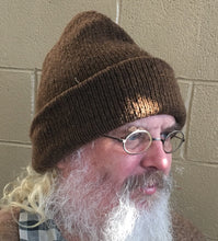 Load image into Gallery viewer, double toque, sock hat, medium brown, worn with 4 layers of warm wool over ears
