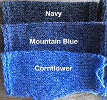 Load image into Gallery viewer, Muffs hand knit from bartlett 100% Bartlett wool yarn in blues.
