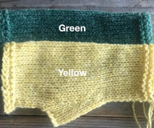 Load image into Gallery viewer, Bartlett wool yarn hand knit in Green &amp; Yellow
