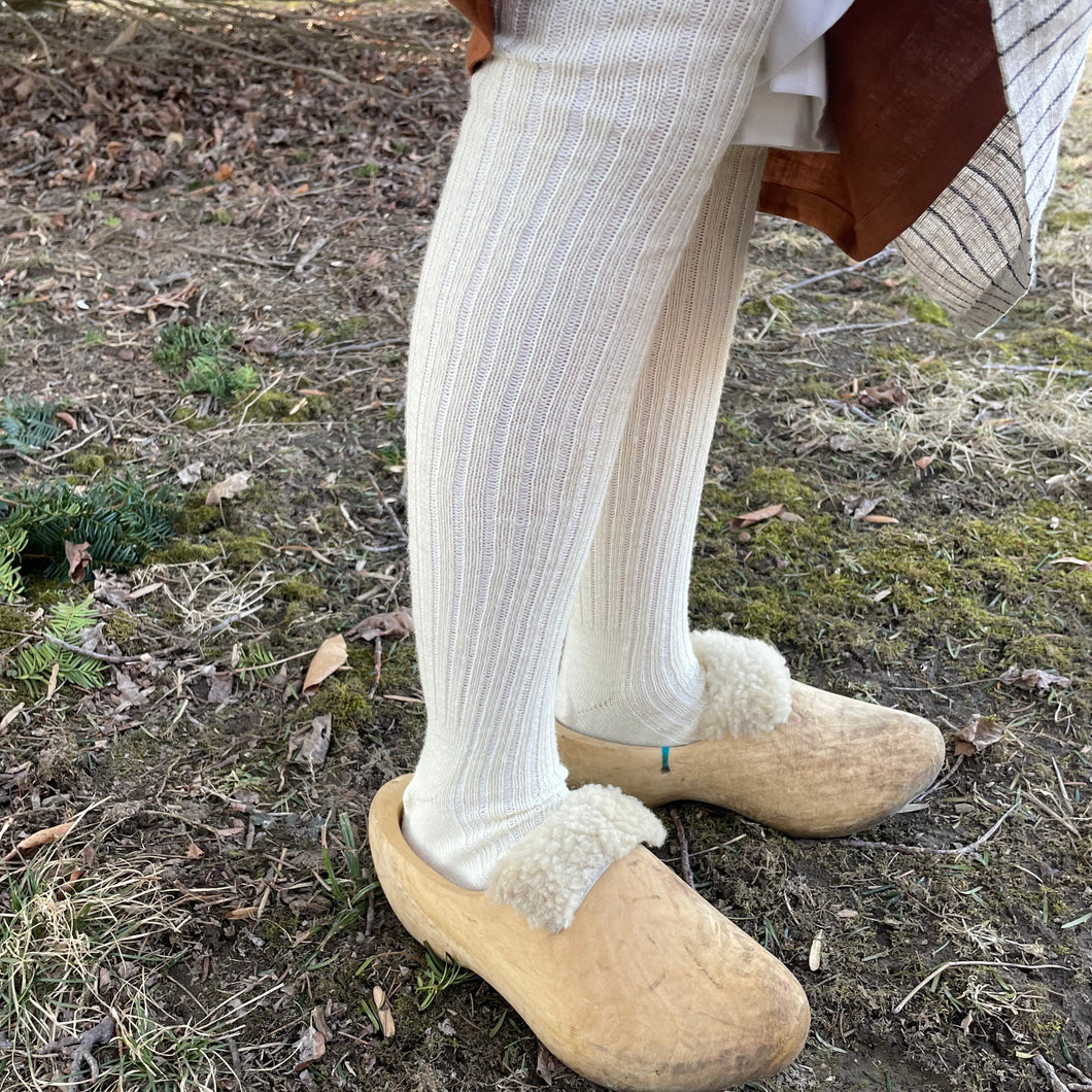 thigh high merino wool ribbed stocking in cream color