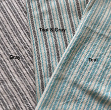 Load image into Gallery viewer, Hand-woven cotton dishtowels in gray, teal &amp; gray, teal.
