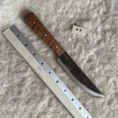 Jeff White Knife #5, English Trade with a Curly Maple Handle. 