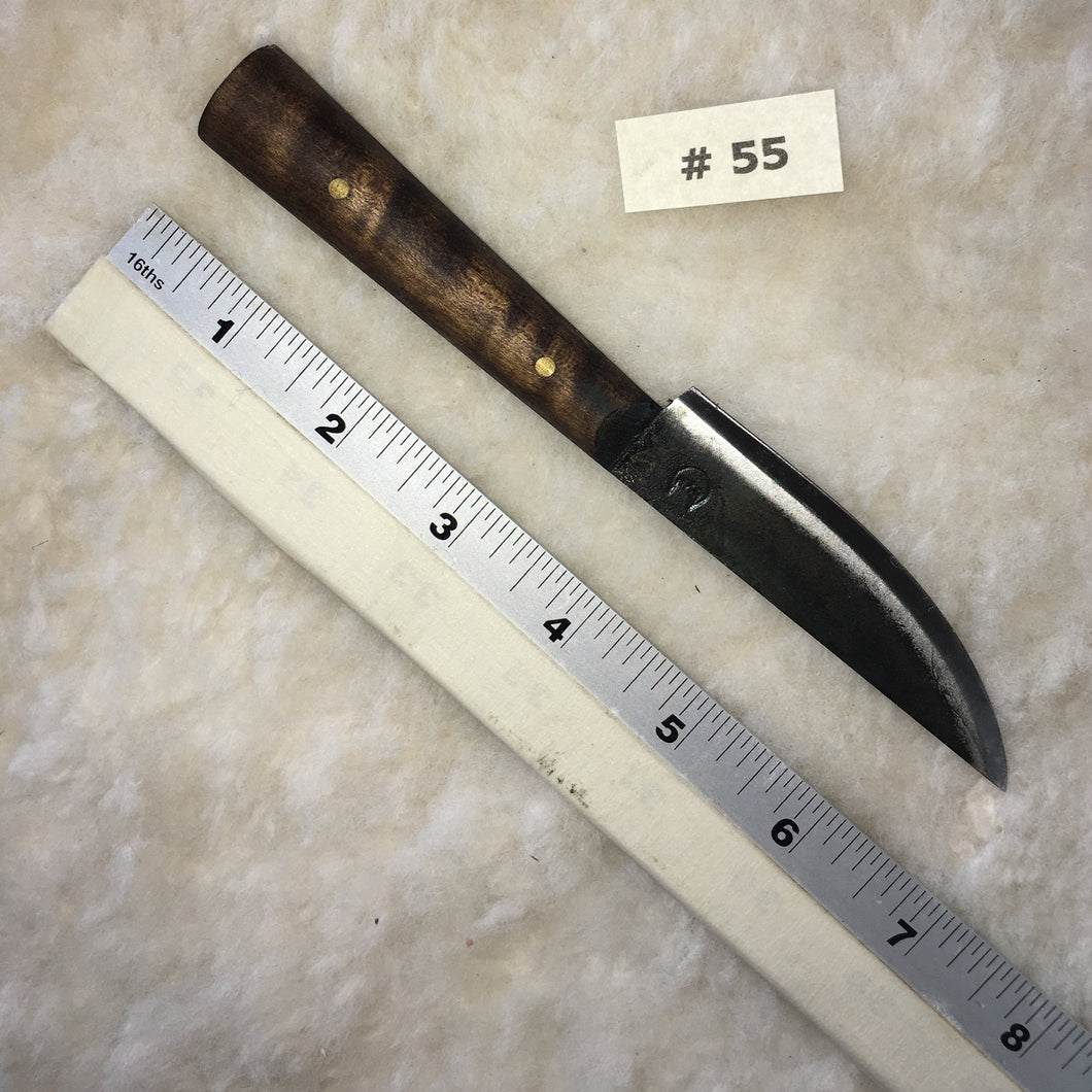 Jeff White Knife #55, English P{aring knife with a Curly Maple handle. 