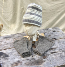 Load image into Gallery viewer, Felted Toques for the 18th Century knit from 100% wool, in Gray Stripes with gray Mittens and Muffattees
