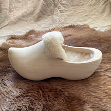 Load image into Gallery viewer, wooden shoes with fleece sheep inserts
