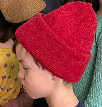 Load image into Gallery viewer, double toque in red medium size, rolled at bottom to keep ears warm
