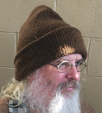 Load image into Gallery viewer, double toque, sock hat, medium brown, worn with 4 layers of warm wool over ears
