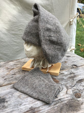 Load image into Gallery viewer, Double Toque for the 18th Century knit from 100% wool with long fold over style with matching Muffattees in Sheep Gray Medium
